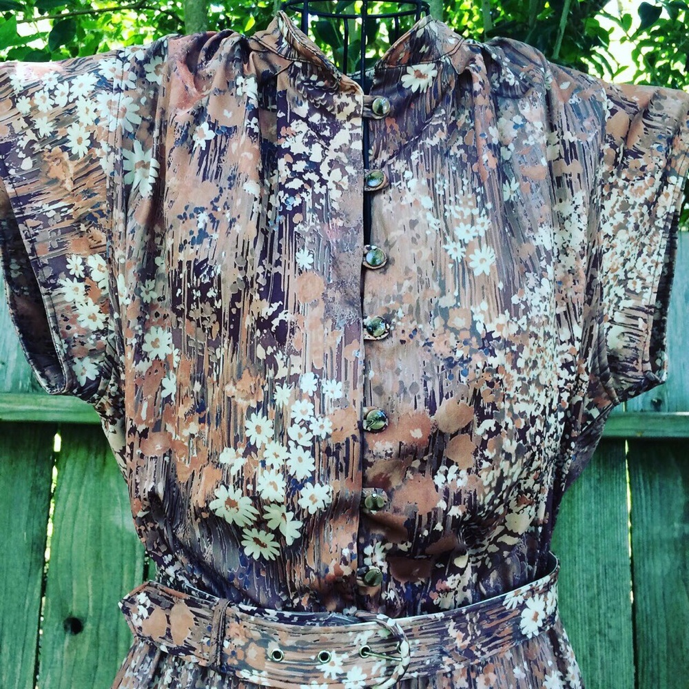 Vintage Handsewn Floral Earth Toned Dress - Picture 7 of 8